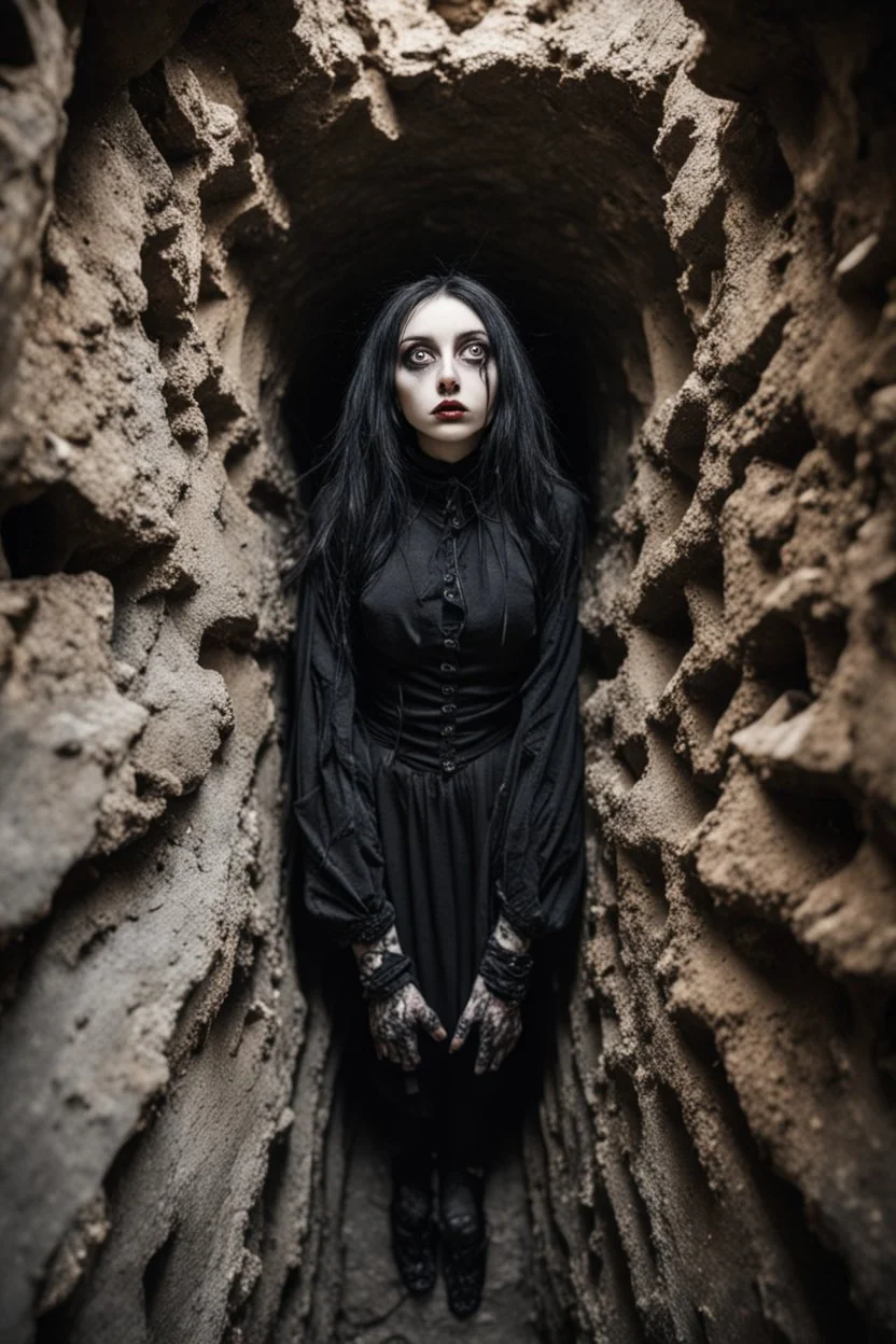 Closeup tall Girl goth with big eyes, crushed for walls, inside claustrophobic, ragged clothes, fullbody, the perspective looking up from the bottom of an empty well , 8k,macro photography,