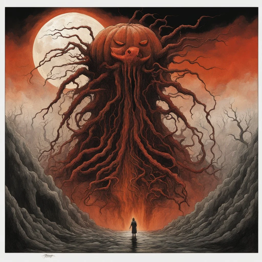 Jack-O-Lantern Yog-Sothoth Lovecraftian hybrid monster, neo surreal horror masterpiece, by Zdzislaw Beksinski, by Jeremy Mann, by Mike Dubisch, harvest moon, expansive color illustration ; dramatic, deep red-black-orange colors.