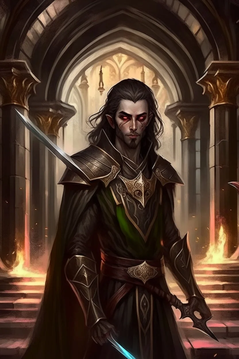 full length, mantle, background dark hall with columns, black cloth, holding a spear in his hand, dark green eyes, the character is not too close to the camera