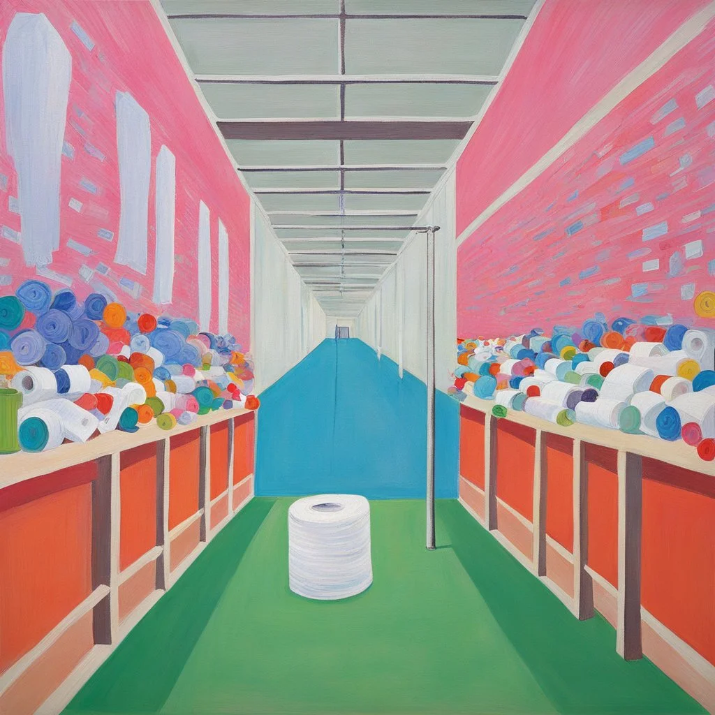 [art by David Hockney] the longest toilet paper in the world, in Charlie's chocolate factory