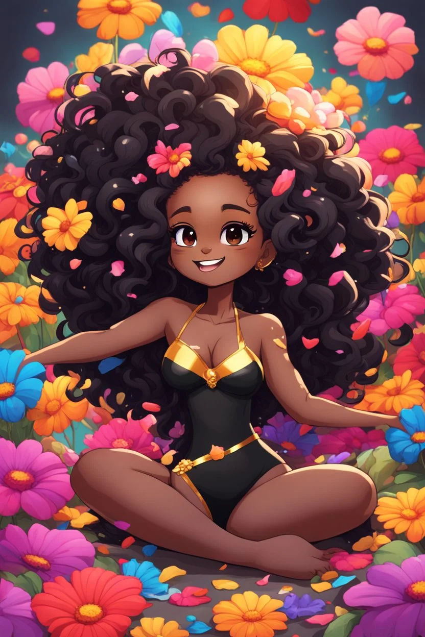 A sassy thick-lined expressionism cartoon black chibi girl lounging lazily on her side, surrounded by colorful flower petals. She has a golden lion tail curling playfully behind her curvy body. Looking up coyly, she grins widely, showing teeth. Her poofy hair forms a mane framing her confident, regal expression.