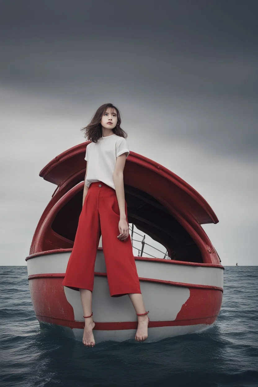 Girl standing on a a red boat, wearing red clothes with bincoluars watching something in the middle of the sea.