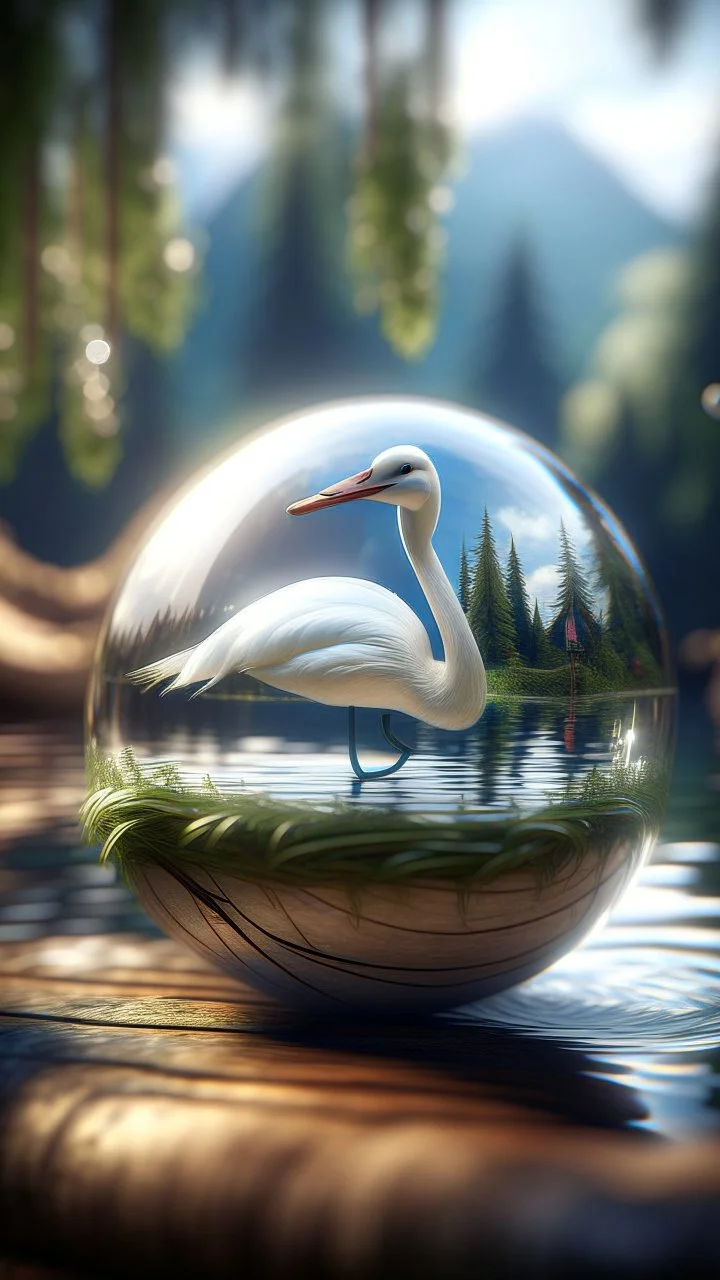 portrait of swan inside a boat crystal ball hanging from a tree in the mountain, in the style for Richard and Wendy Pini , shot on Hasselblad h6d-400c, zeiss prime lens, bokeh like f/0.8, tilt-shift lens 8k, high detail, smooth render, down-light, unreal engine, prize winning