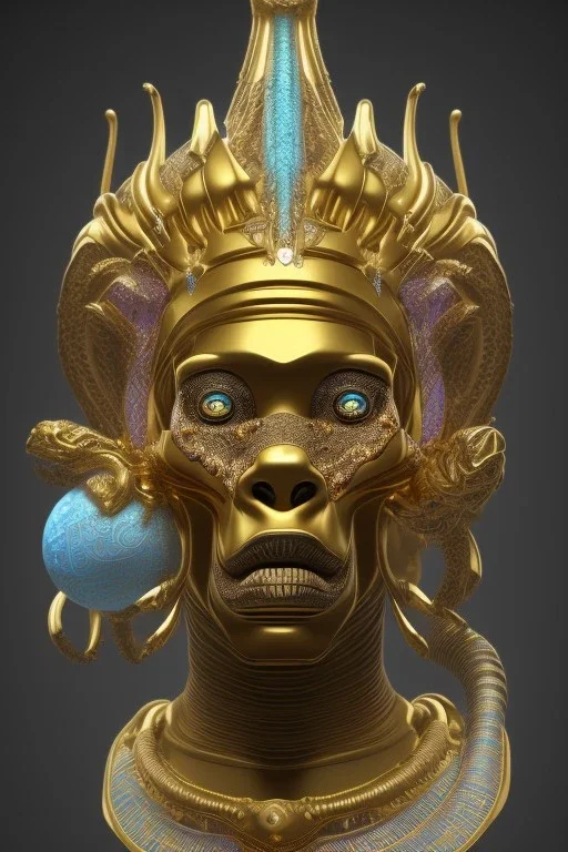 black male African Egyptian alien, cracks in the voodoo head, wicked, eyes, crown, Elephant, 8k, finely detailed, photo realistic, tiger turquoise skull head gold dragon space alien snow skeleton gold gorilla silver crown silver eyes