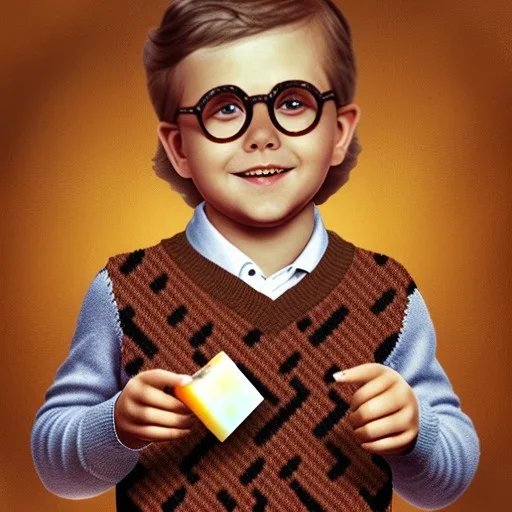 Peter Billingsley chubby kid Tortoise-shell glasses, holding A ((dark red soap bar)) in his hand, brown argyle sweater