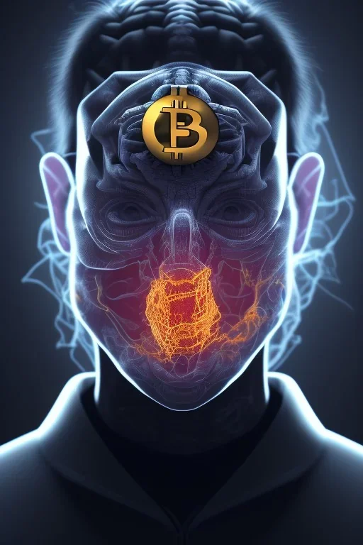 satoshi nakamoto in the bitcoin brain, Fire theme art, Dark moody night atmosphere, , 8K, close-up face, anatomically perfect face