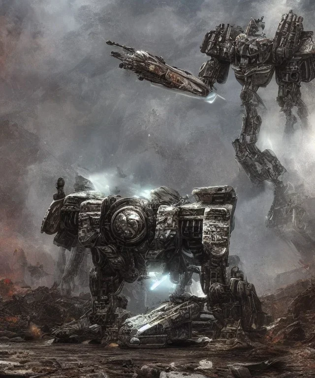 Crashed photorealistic futuristic destroyed mechanical mechwarrior transformer warhammer alien abandoned wreckage in old battlefield blast crater on the lunar surface ancient pyramid temple