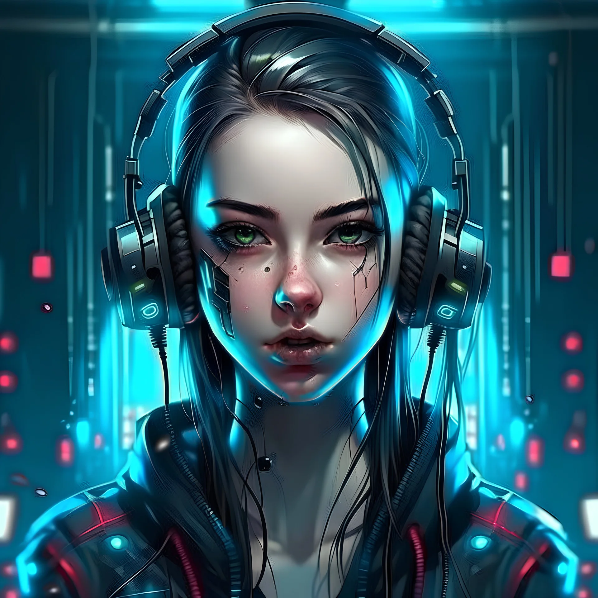 Front face realistic girl cyberpunk wearing headphones