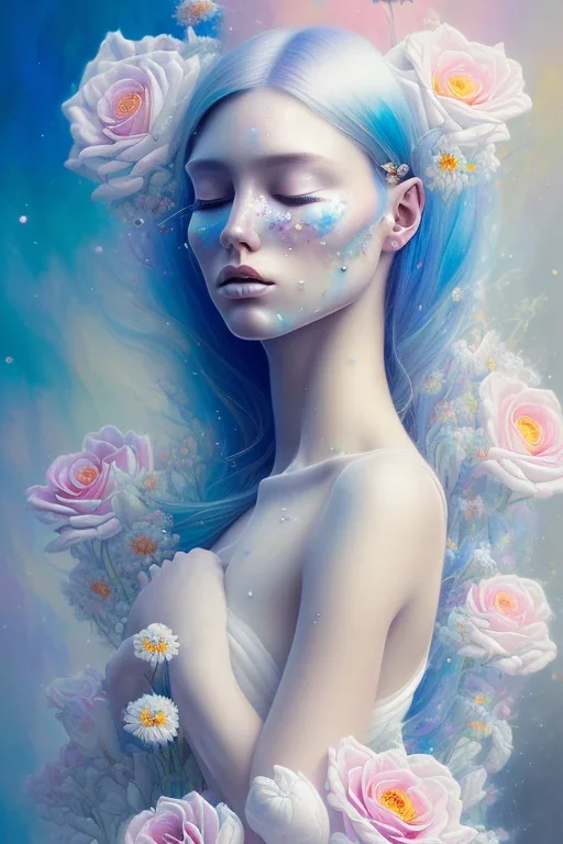 a woman, side profile, closed eyes, blue hair, pastell, watercolor splash, white dress, rainbow flowers, in the style of Camilla d'Errico, hyper detailed, beautiful, complex, trending on artstation, cryengine, national geographic photo, chiaroscuro