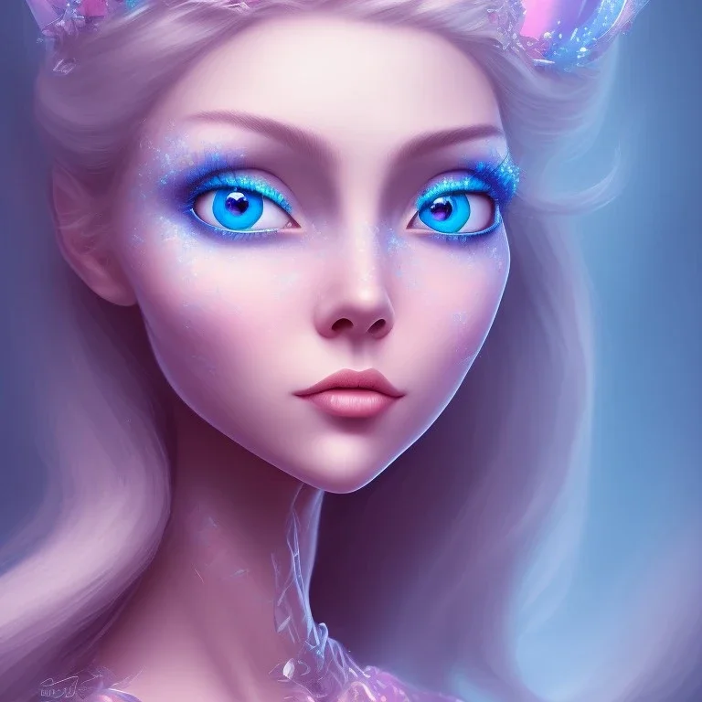 portrait, visage sourire, fée, magicienne, grands yeux bleus, fantasy, bleu et rose