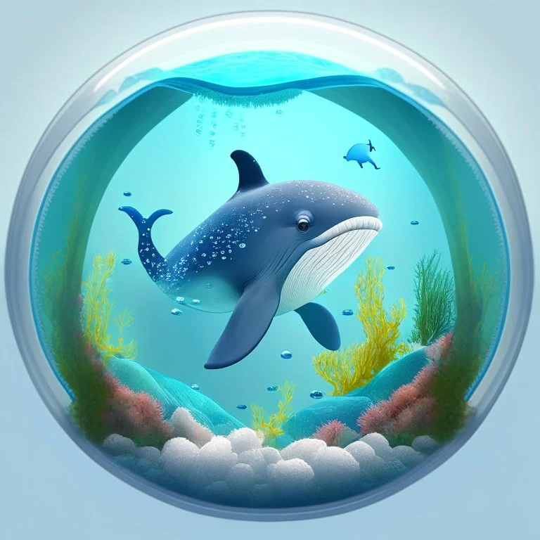 A cute little Humpback whale in a small circular fish tank.