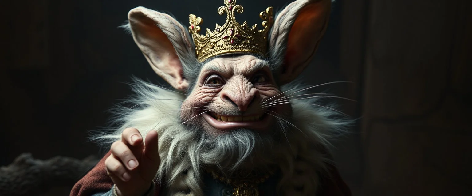 king troll mouse rabbit in style of Rembrandt and Fallout 4, with motion blur
