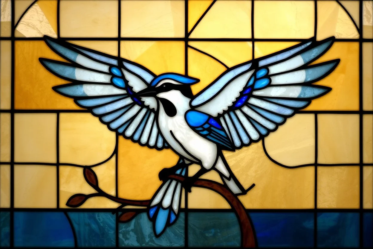 vitrail d'un geai bleu ailes déployées art déco d'après mucha