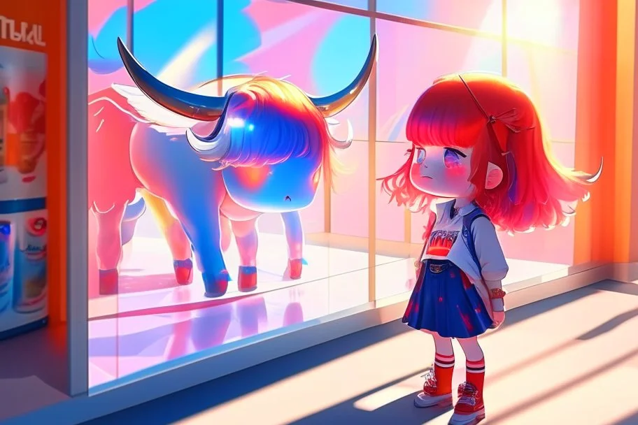 cute chibi holographic girl looking at a red bull happily at an exhibition room in sunshine