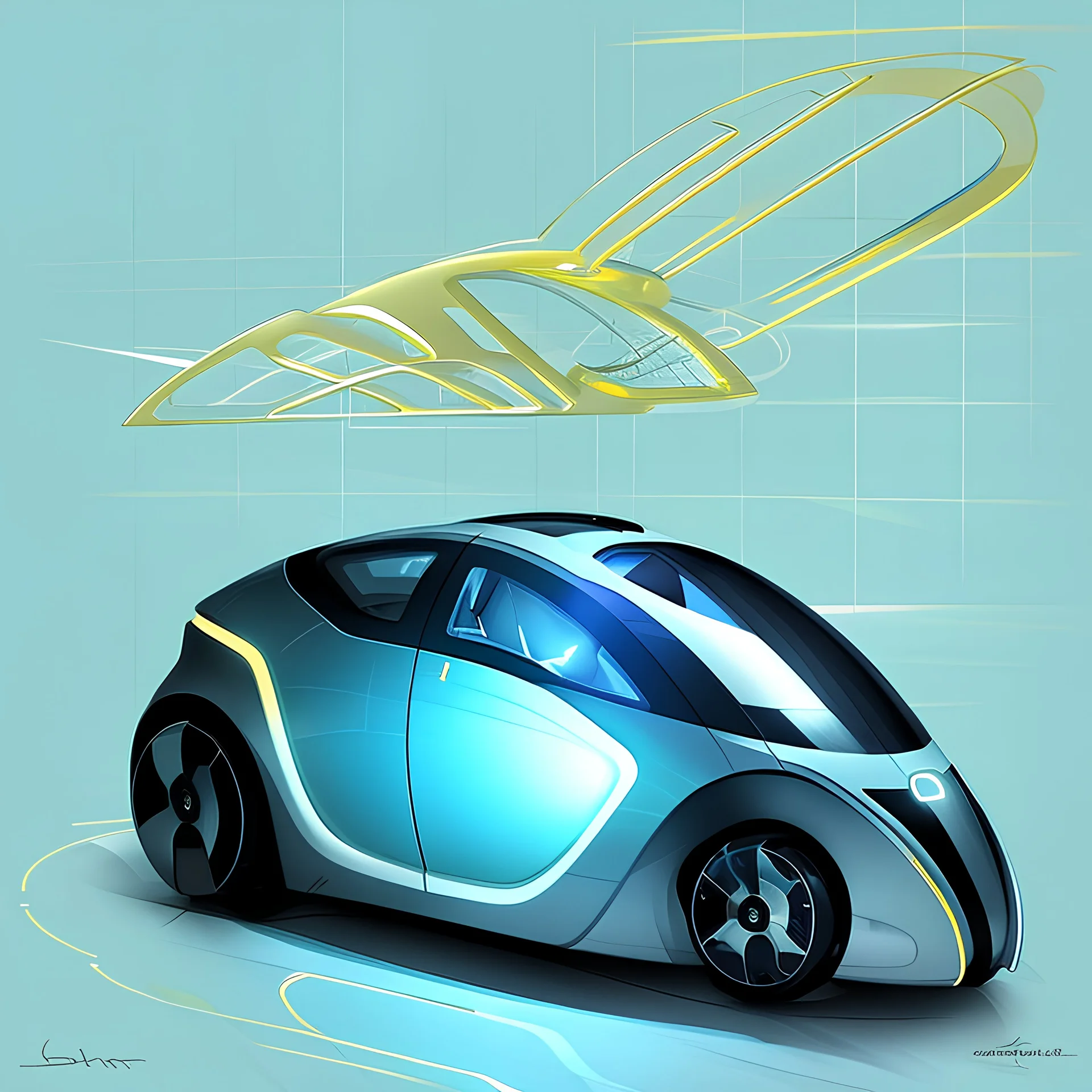 futuristic SKETCHES transportation design ligth blue, gold