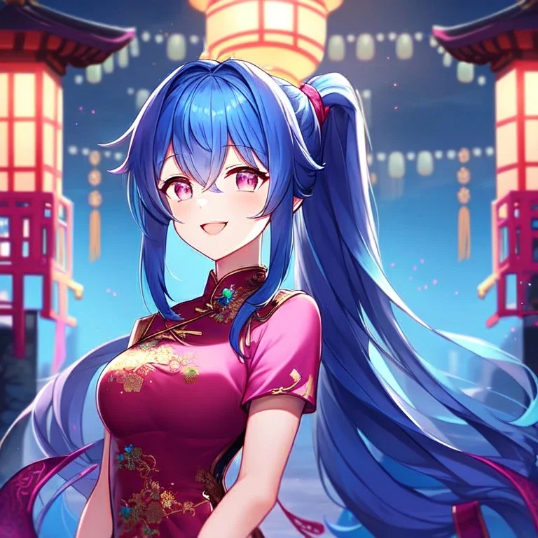 girl, masterpiece, best quality, cinematic lighting, detailed outfit, perfect eyes, long hair, blue hair, vibrant pink eyes, chinese clothes, ponytail, laughing