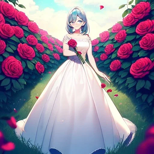 gorgeous anime girl wearing a yellow and white dress ,standing in a meadow of flowers, spreading rose pedals on the ground. beautiful eyes and a stunning smile, blue eyes, two blue eyes, perfect nose and rosy cheeks and red lips