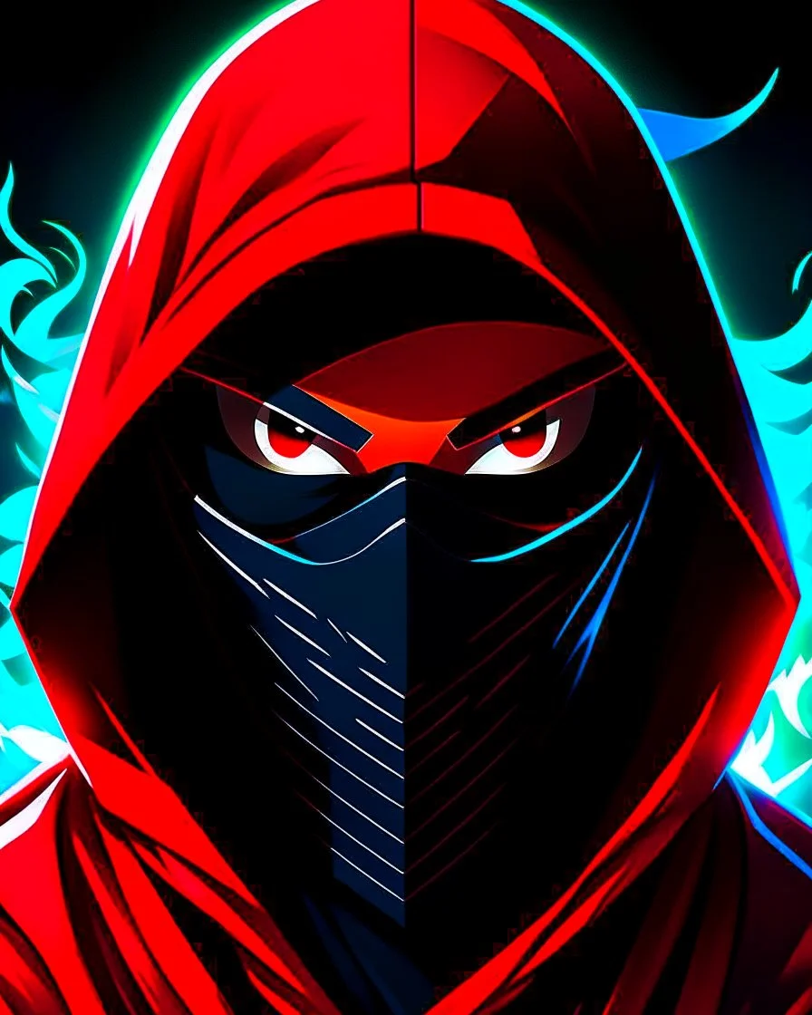 Draw an illustration with a red and black hood and a dragón mask over they eyes