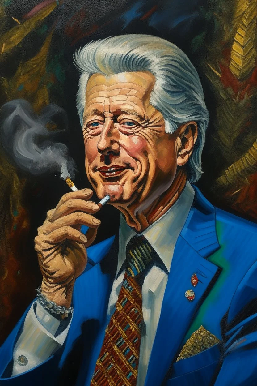 President Bill Clinton painted as a drag queen smoking a cigar made from worms