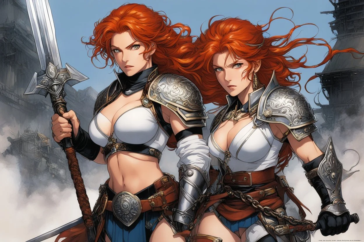 (in the style of Orion, by Masamune Shirow) Subject & Action: A fierce, generational duo of two redhead warrior women stands resolute. The mother, a battle-hardened matriarch with braided ginger hair and war paint, wields a heavy, two-handed claymore, her expression stern and commanding. She wears weathered leather and chainmail armor with tartan accents. The daughter, younger but equally intense with wild, vibrant orange-red hair and fierce eyes, holds a sharpened broadsword and a round targe s