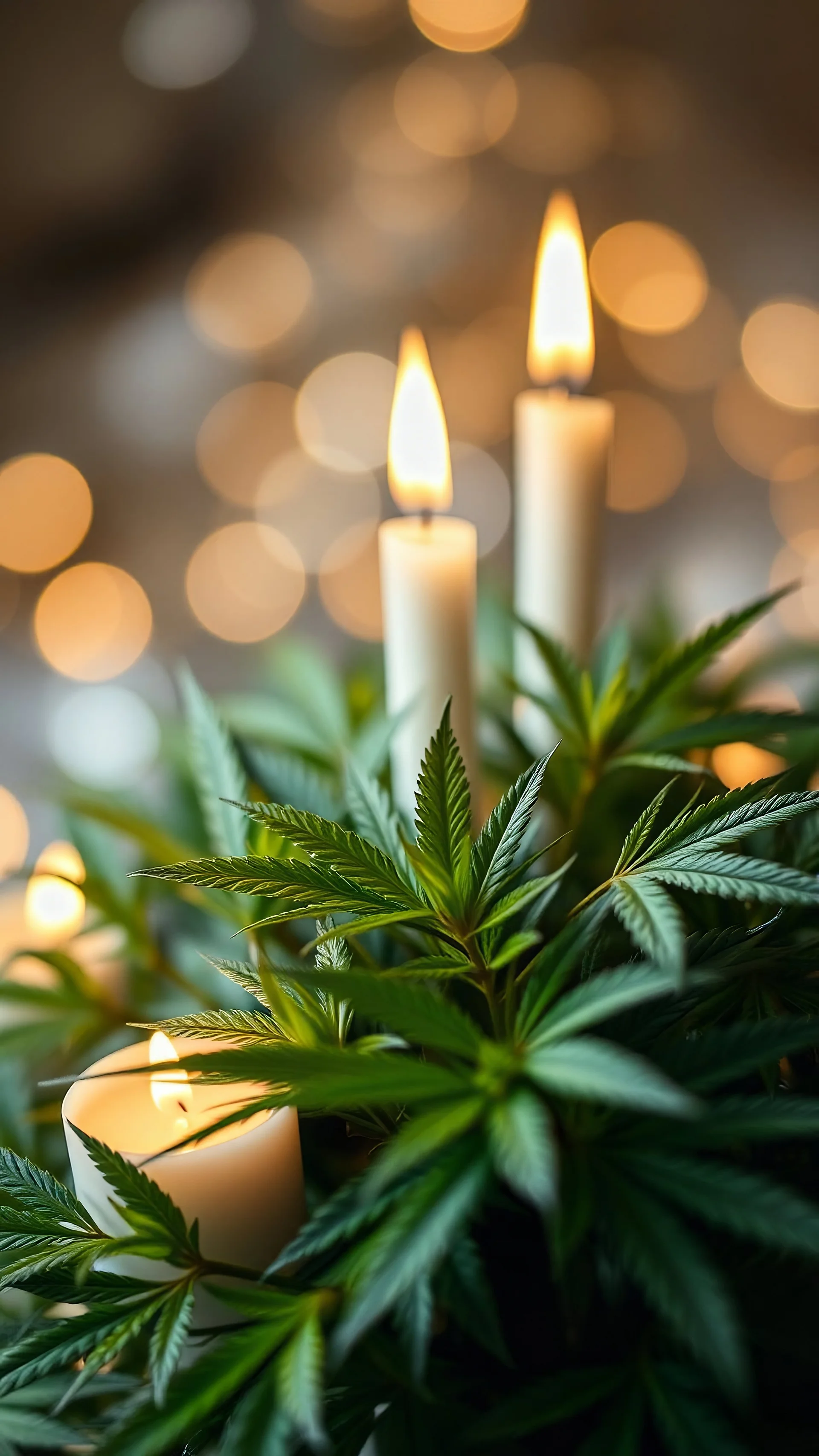 A very delicate New Year's composition, sparkling patterns, very delicate, iridescent bokeh. A bouquet of Marijuana green leaves, small blurry candles