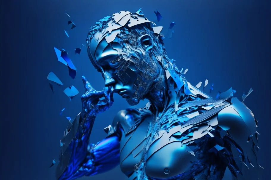 human design, breaking down into pieces, cinematic image, 16K, tono azul metálico