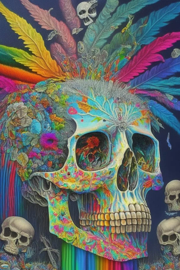 A crackled old painting entitled "Shaking the ghost out of the machine"; a skeleton with ghostly double rainbow made of mixed media such as feathers, foliage, flowers, and gemstones emerging from a giant crack at the top of the skull; surreal, quilling, optical art, award-winning, masterpiece, Intricate, provocative, psychedelic, Magnificent.