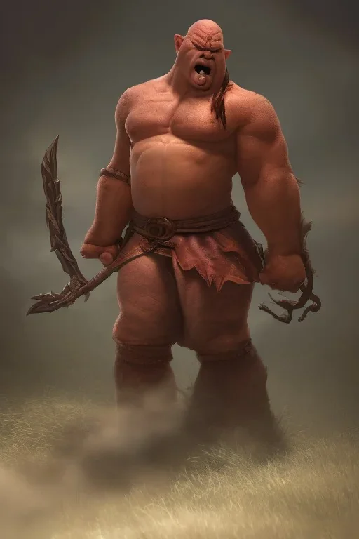 Full body photography of ethereal ANGRY ORC , Fire theme art, Dark moody night atmosphere, by Michelangelo, 8K, high body details, anatomically perfect body, oak tree roots, purple, red, armed with guns ,