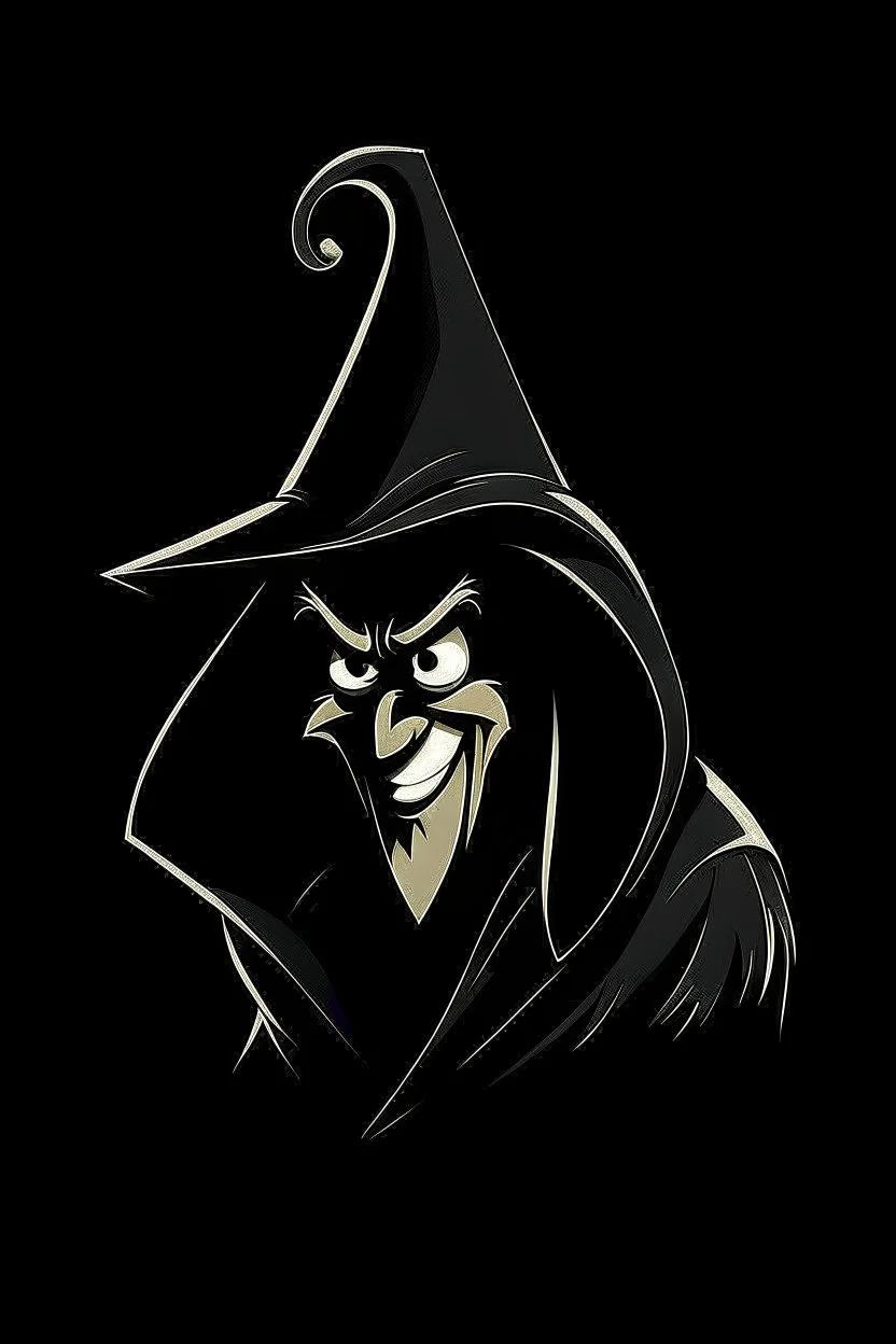 1980s goofy character of a pirate wearing a black hooded cloak, inside a lighter diamond shape on a black background, monochromatic