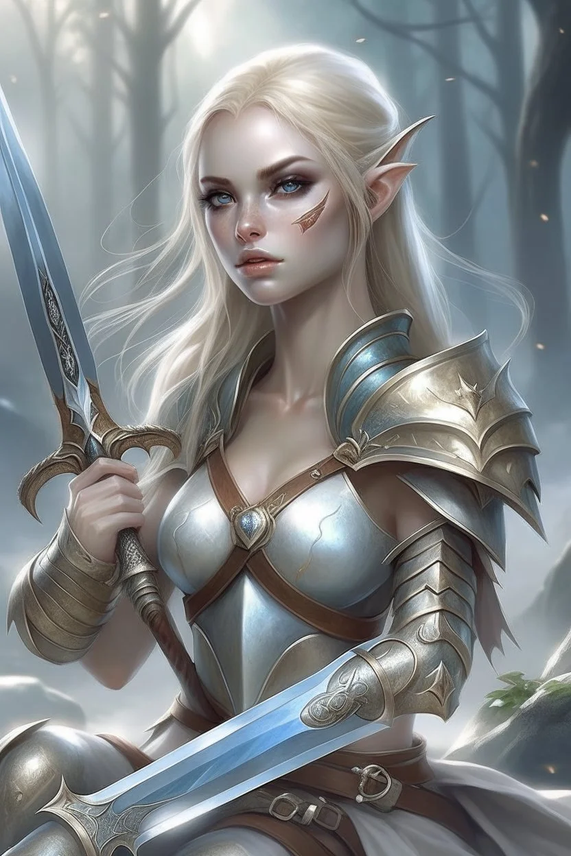 pretty woman, warrior, elf, blonde hair, fantasy, Skyrim, conventionally attractive, fighter, sword, elder scrolls, young, maternal,