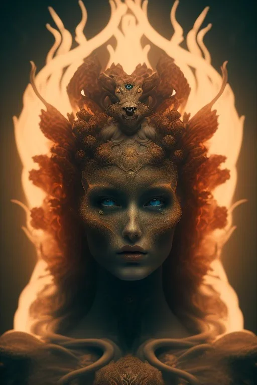 portrait photography of an ethereal beautiful animal goddess, Fire theme art, Dark moody night atmosphere, Portrait of a man by Michelangelo, 8K, close-up face, anatomically perfect face, oak tree roots, ignore NSFW