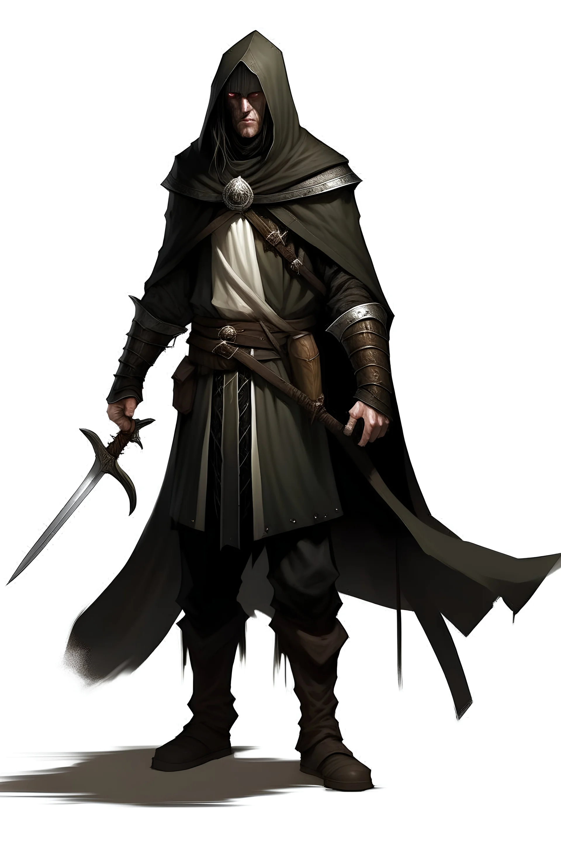 Dungeons and dragons character. Portrait of a 37 year old tall, skinny and weak man. He is 6 foot tall. He has been starved for 10 years. He has a slight hunch. He wears a black hooded cloak which reaches down to his knees, a white dirty shirt underneath and old brown pants and black shoes. He wields a large glaive made of black wood and blue metal. it’s as tall as himself. His eyes are black like his hair and stubby beard. He looks sick like he has the flu.