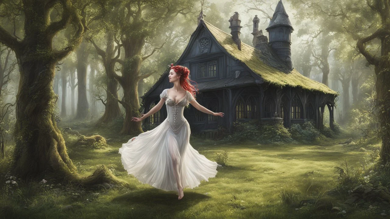 slim nymph dancing in a woodland clearing, with a gothic woodland house behind her.