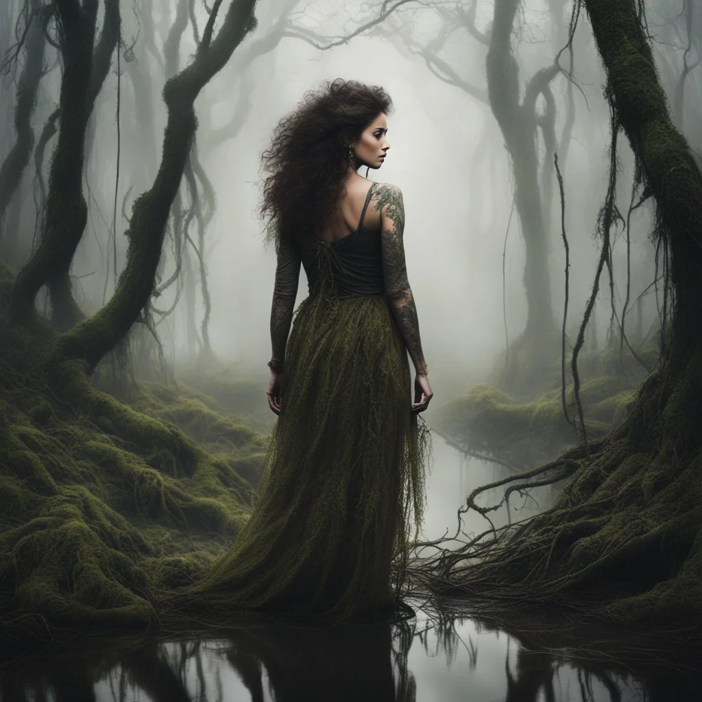 In the murky depths of a swamp shrouded in mist and mystery, a lone figure stood amidst the tangled roots and twisted vines. Her curly hair tangled with swamp foliage, her attire now a blend of earthy tones and camouflage material, blending seamlessly with the murky surroundings. The woman's eyes were closed, as if in deep contemplation, her tattooed arm a stark contrast against the backdrop of the swamp.