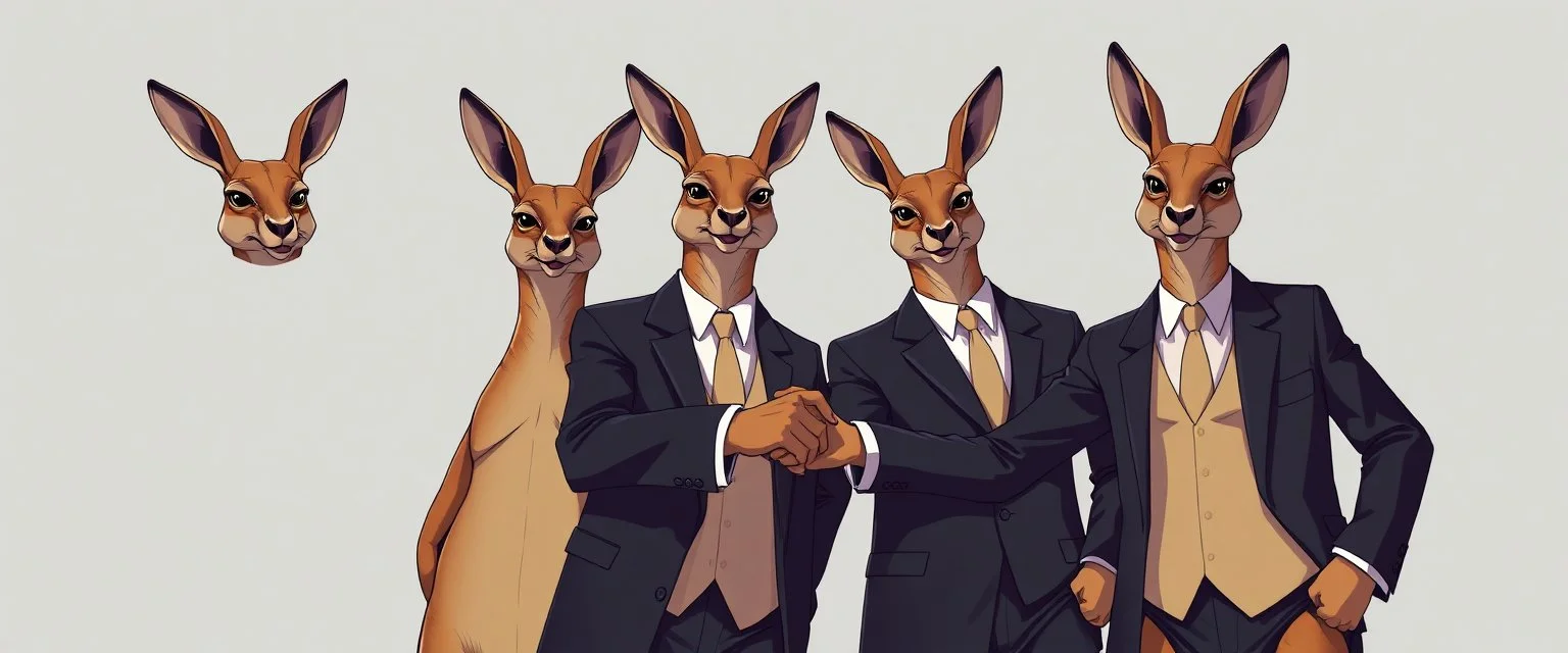 kangaroos men in suits shaking hands looking cool, anime style