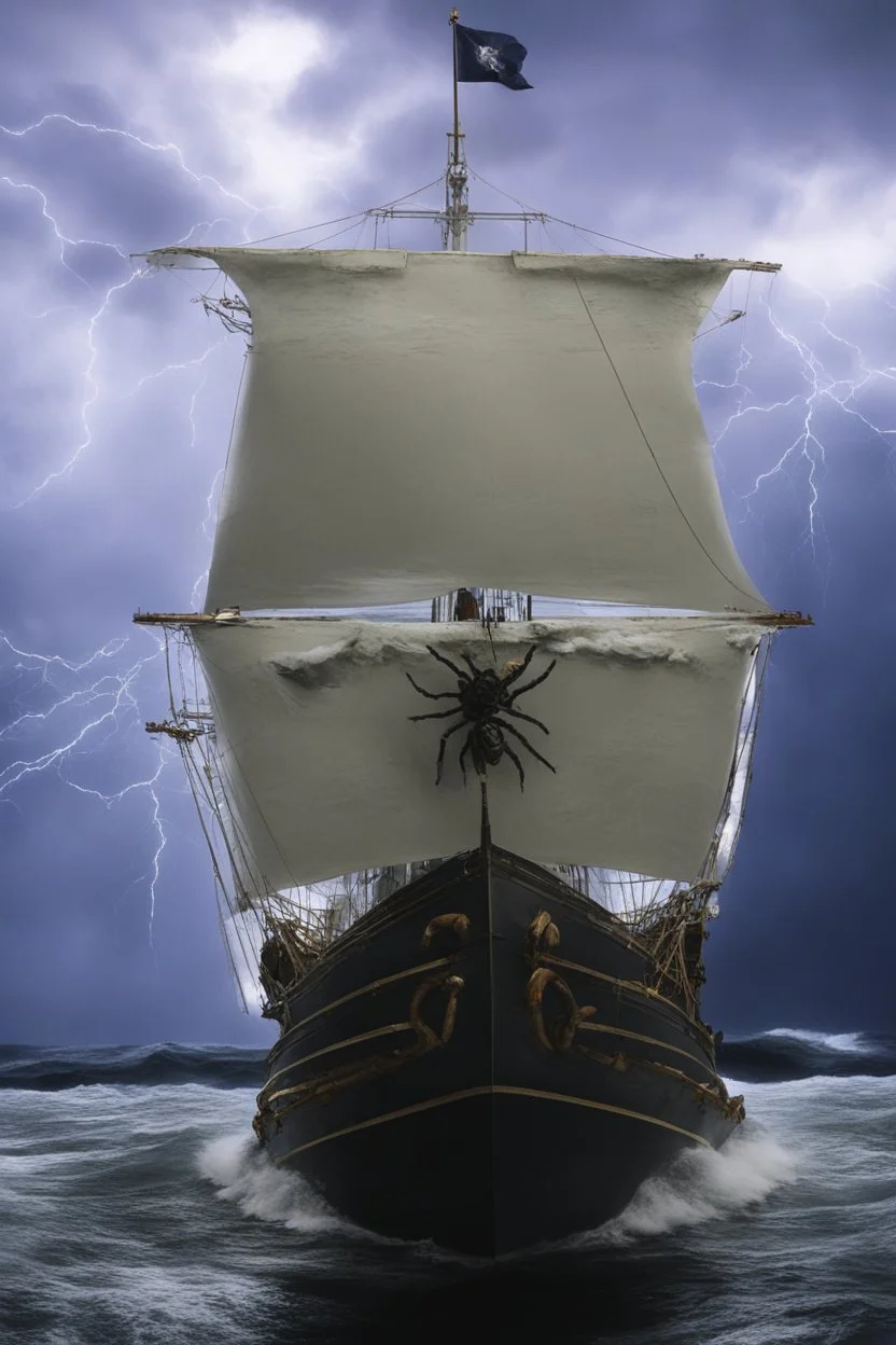 Ship front view with a Spider figurehead at night in a storm with giant waves