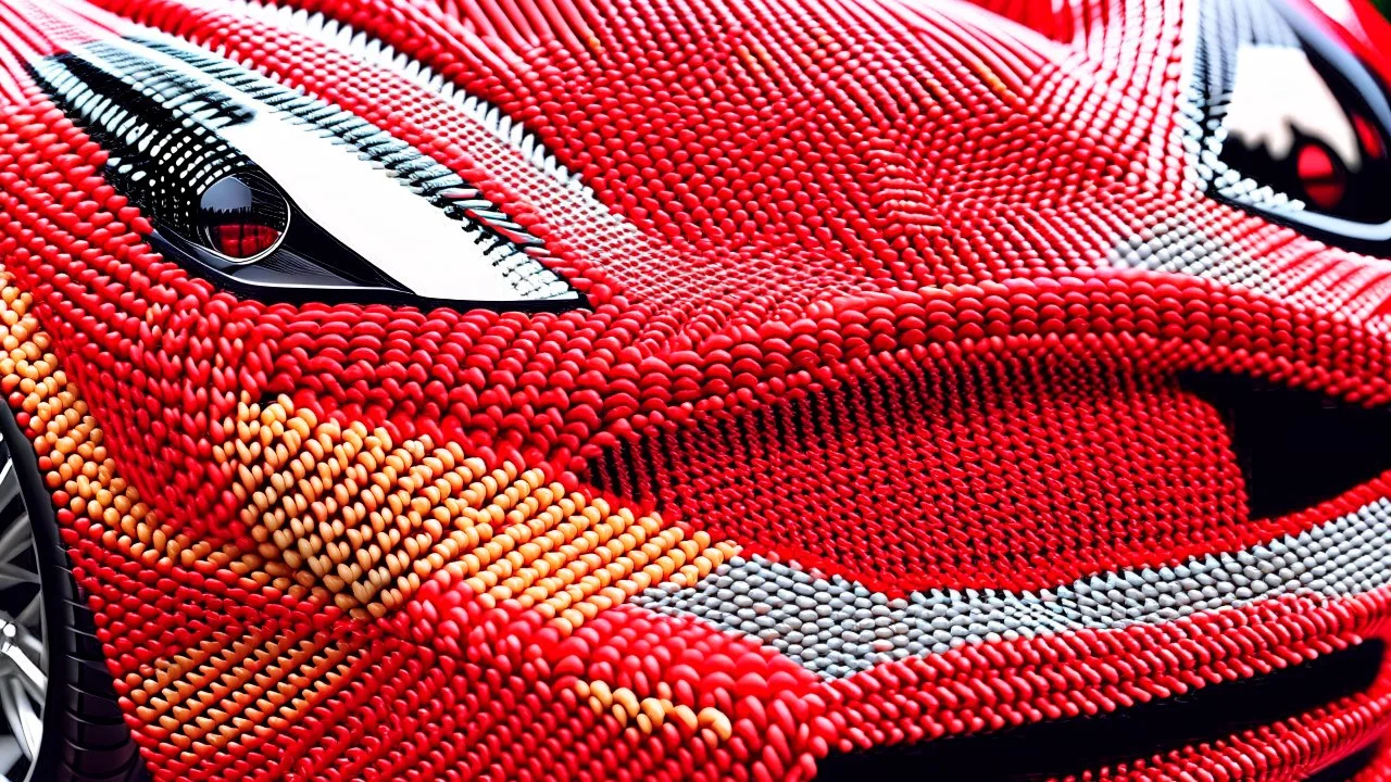 crochet Ferrari, intricately detailed face, mid shot, professional photography, a breathtaking background, realistic art, shot on dslr 64 megapixels sharp focus, canon lens, 16k resolution