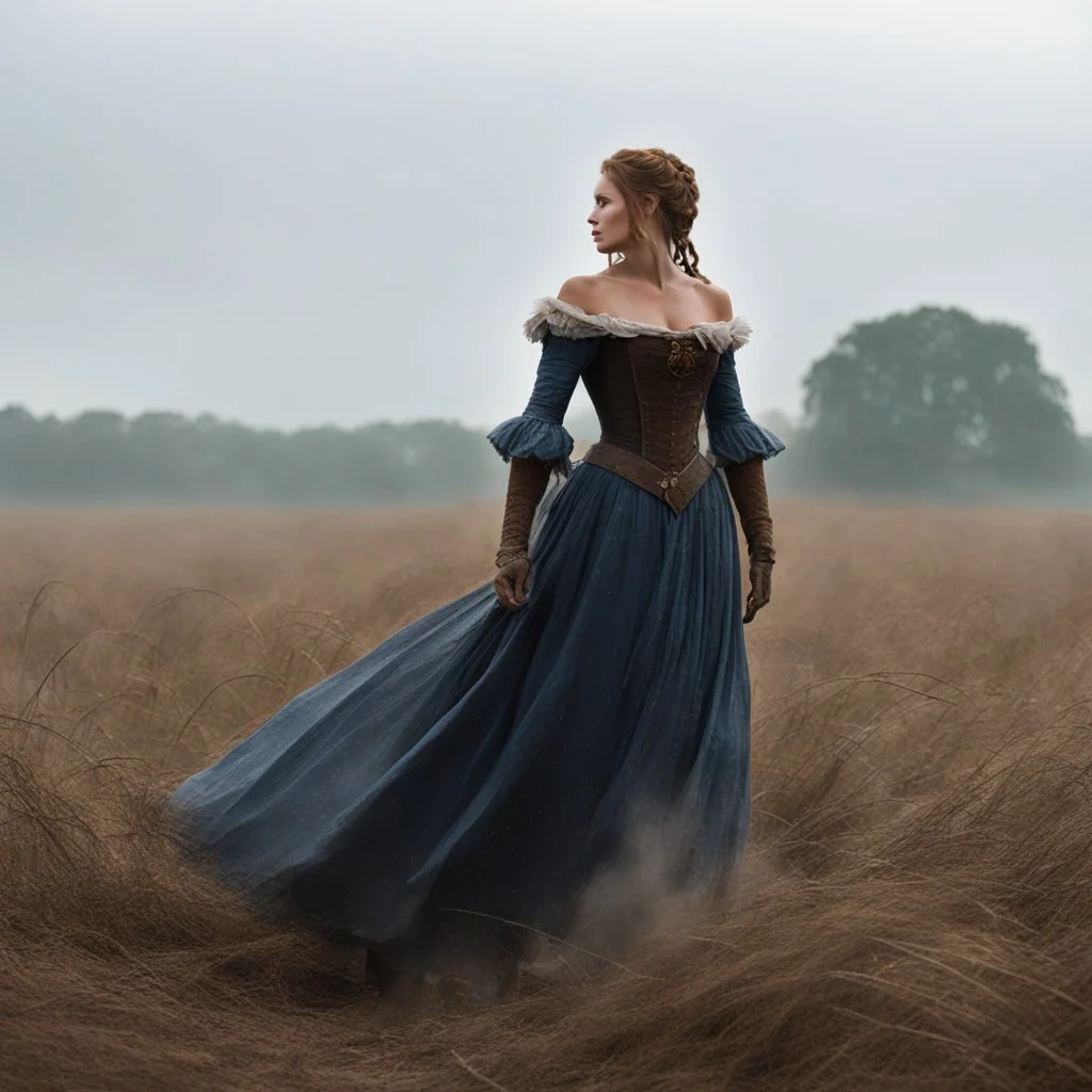 [is the raining] she from the Roanoke Colony, she is clad in her revealing dress while taking care of the fields, she is covered by dust, working hard with her scourge