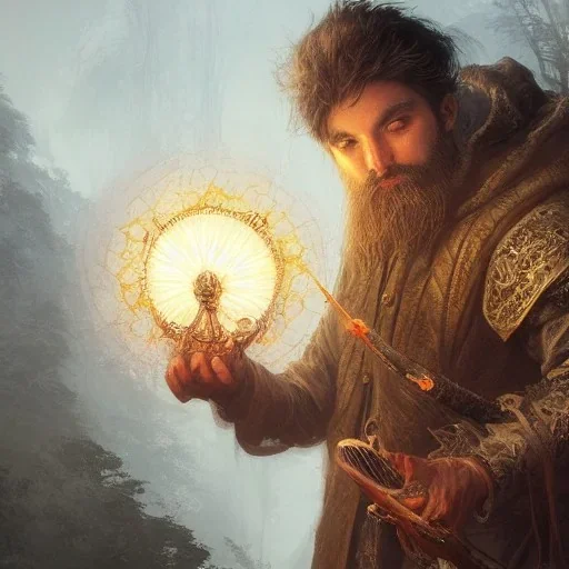 Insanely detailed landscape of an “D&D twilight cleric holding glowing holy trinket” with intricate detailed trimed beard,high and tight hair cut,40 years old, intricate clothing, hyperdetailed painting by Ismail Inceoglu Huang Guangjian and Dan Witz CGSociety ZBrush Central fantasy art album cover art,8K, hdr, mysterious, flickeringlights ,Stoic