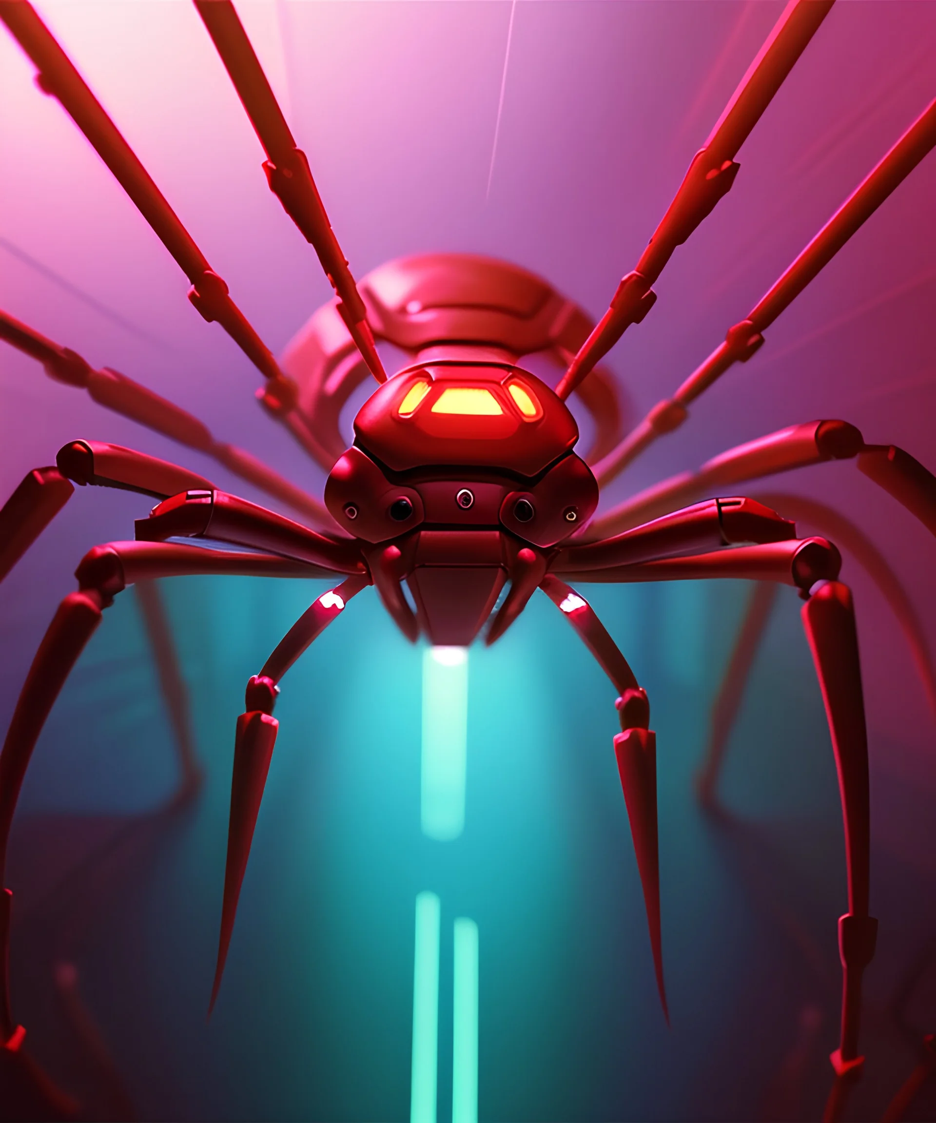 portrait painting of a cyberpunk red robot spider, ultra realistic, intricate details, ultra highly detailed, shiny, smooth, studio quality, octane render, Surrealism, Triadic colour scheme,glow-stick, ambient lighting,nightclub lighting, polaroid, 100mm, --ar 1:1 --v4