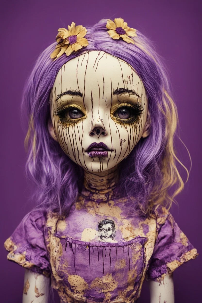 full color, illustration of a darkpurple and gold tones, menacing, Singer Melanie Martinez face, as a decayed, broken, crude homemade cloth doll toy, with a narrow cracked porcelain face, thick dark eyebrows, hair in two gradually, made from ragged strips of cloth, in the style of Alex Pardee, Tim Burton, and Nadya Sheremet