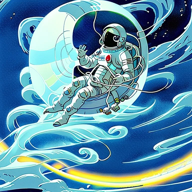 An astronaut floating in space surrounded by a halo of glowing jellyfish, done in the style of Hokusai's The Great Wave off Kanagawa