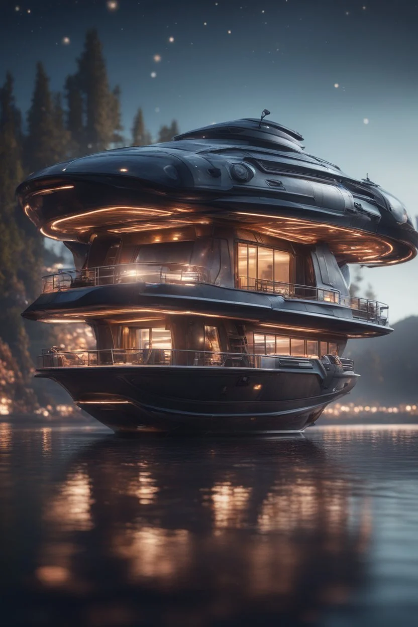 modular house boat that looks like an dark twisted alien space ship, bokeh like f/0.8, tilt-shift lens 8k, high detail, smooth render, down-light, unreal engine, prize winning