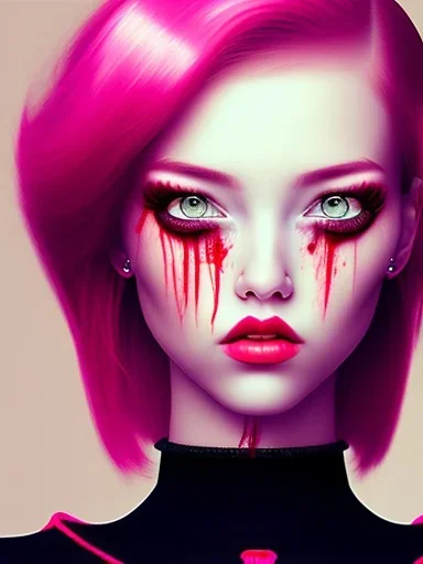 girl angry, beautiful, cute, bloody, pink hair, black sweater