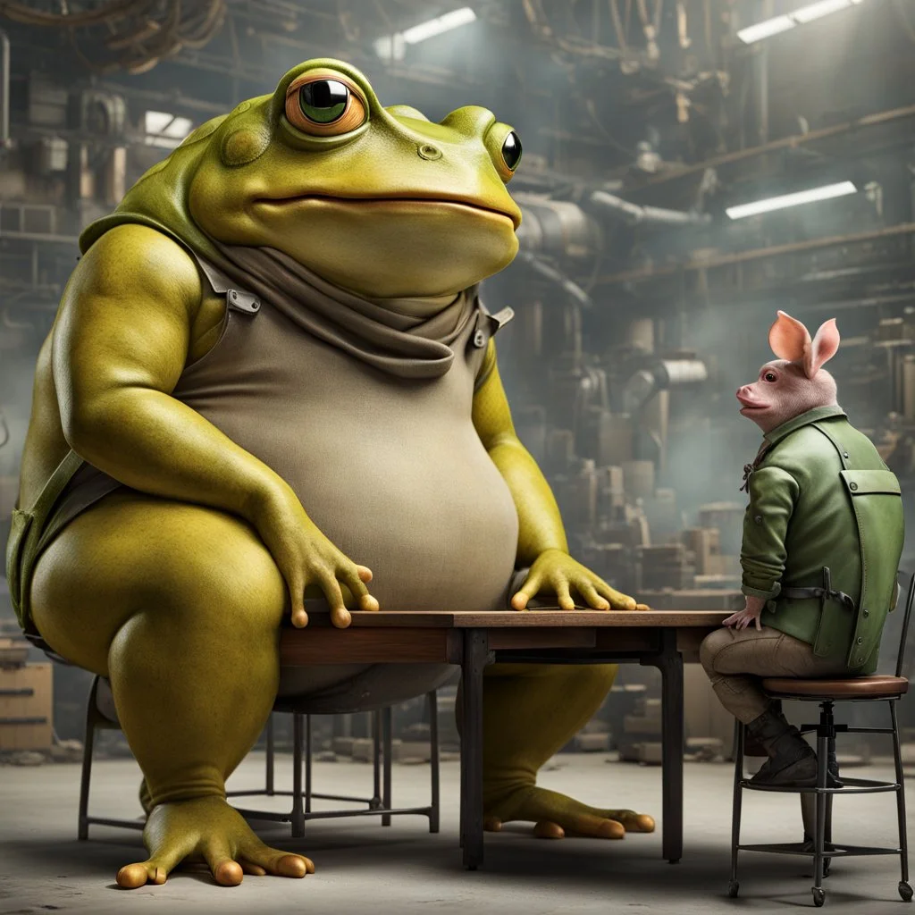 a big fat yellow-green anthropomorphic frog in human cloths sitting on a massive metal chair at the wooden table, talking with opposite sits on a less chair one pale brown little mutant anthropomorphic frog with a round head, big round eyes and little pig ears on his head and wearing work clothes and looking the frog, in background blur empty assembly workshop, hangar, pale light, high detalied, high realistic, professional photo, sci-fi mood, fantasy style, digital art