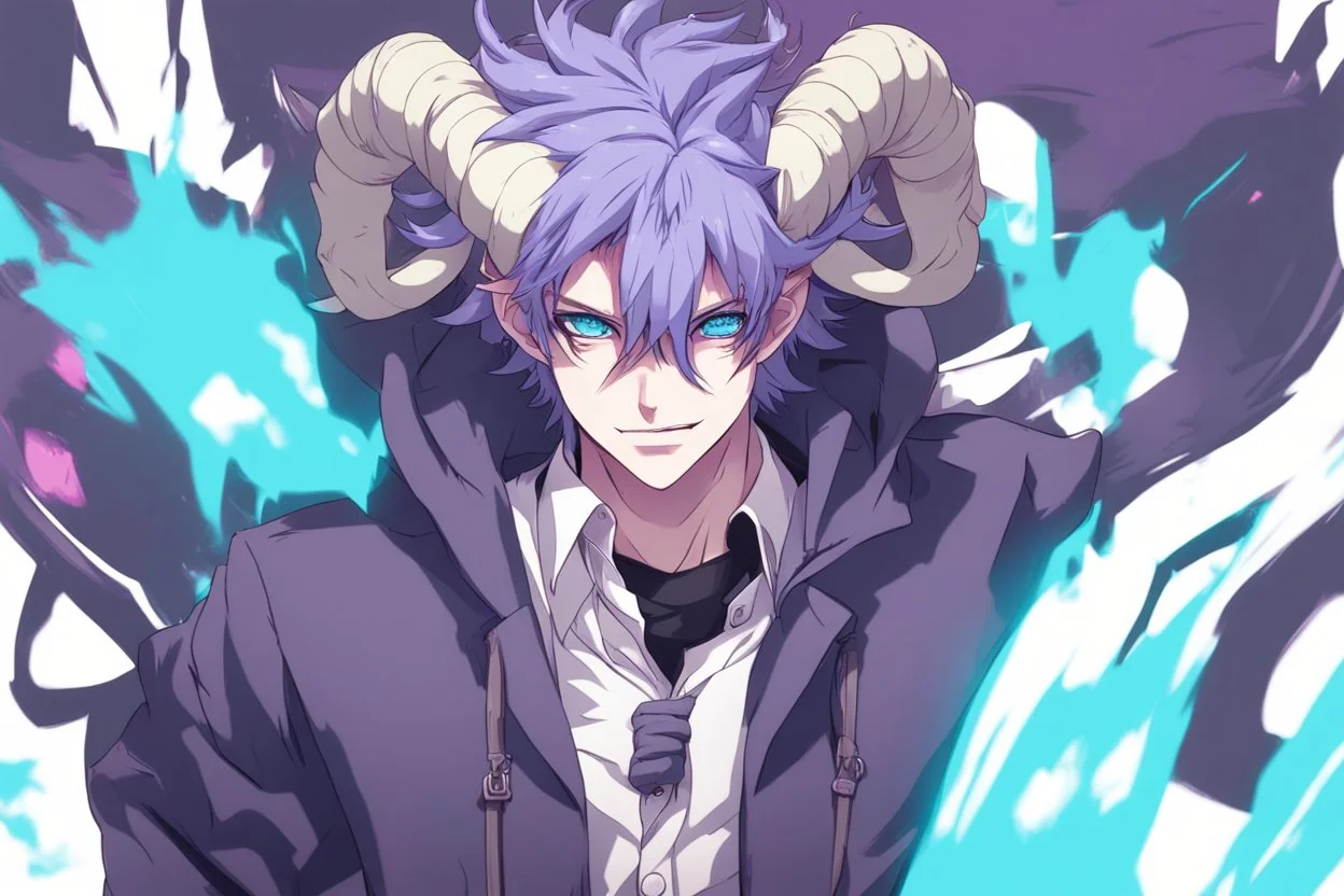 anime man with horns, fangs, messy purple hair and blue eyes