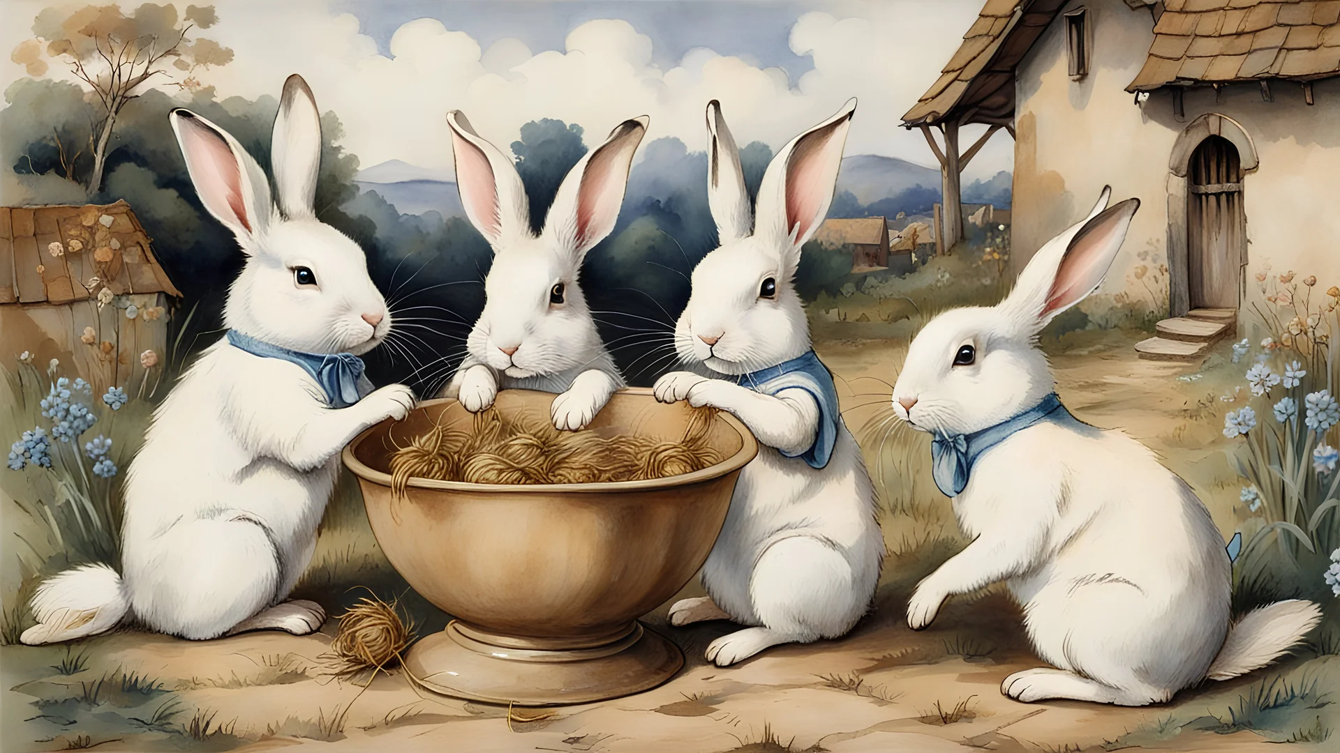 three little rabbits playing, the white rabbit is drinking from a bowl, brown is eating lots of hay standing up with both hands, third honey colour rabbit is crowling with bottom up wet paws shooting poo, two floors blue rabbit house in the background, floor is covered in puddles of wee and hips of poo, in style of Cicely Mary Barker