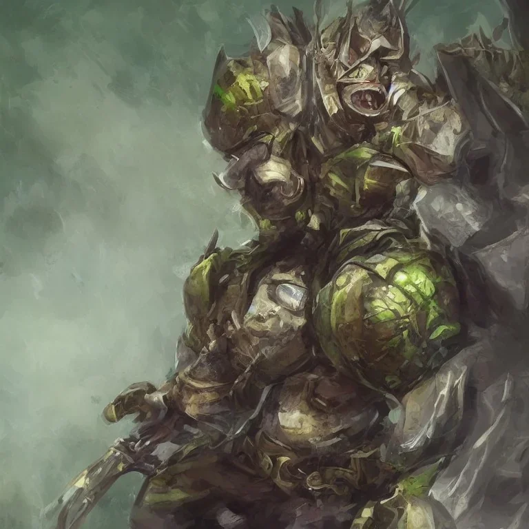 dnd, ork, green skin, wearing shiny armor, portrait