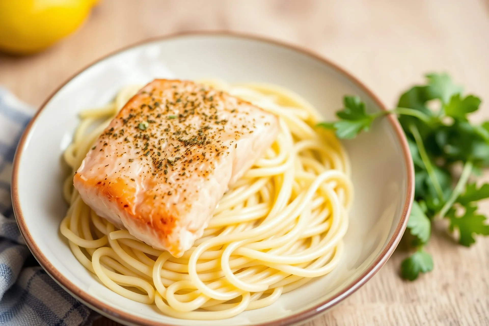 A plate of pasta with a piece of salmon on top. The salmon is seasoned with herbs and spices. The pasta is cooked and served in a bowl