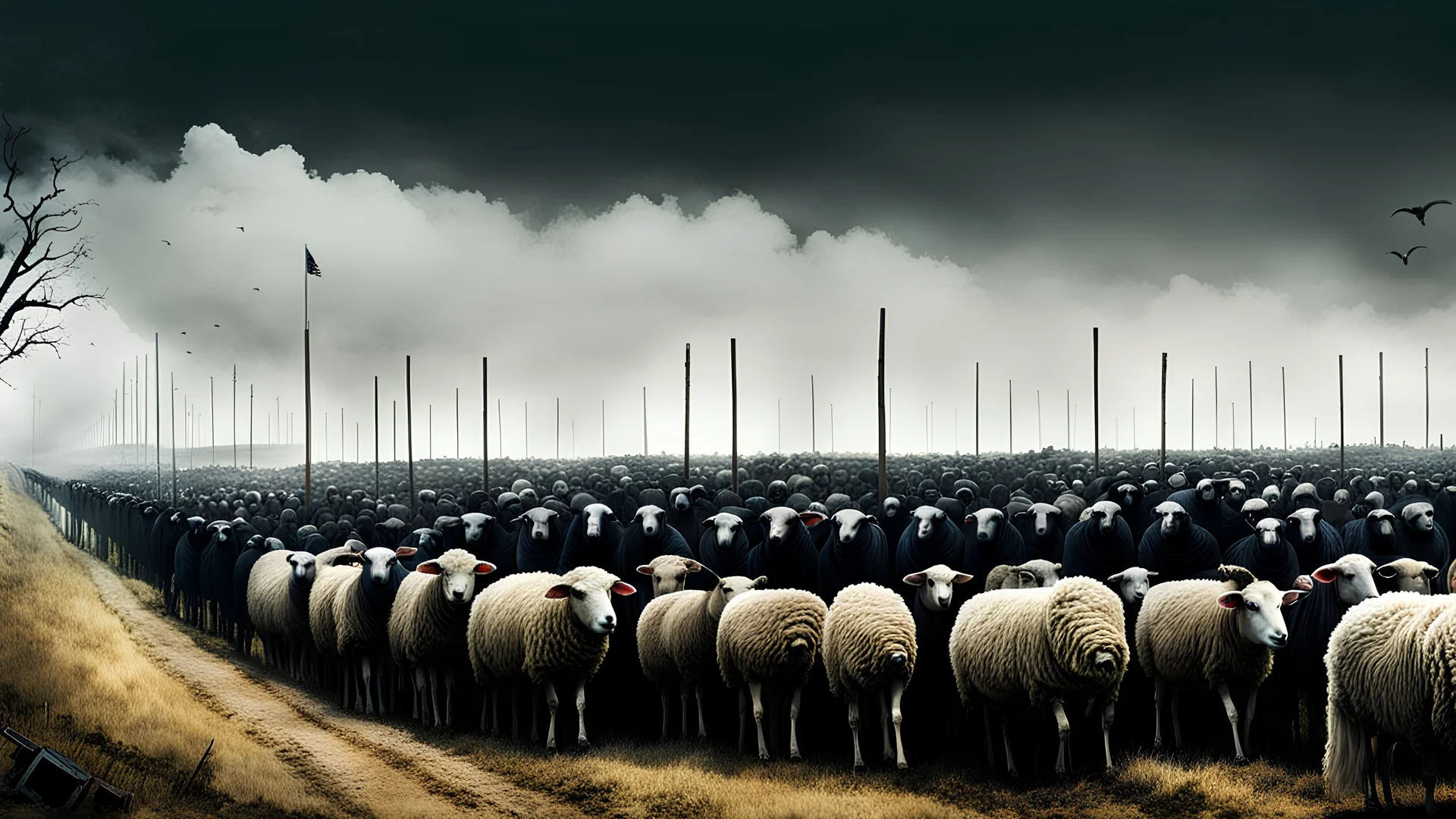 A long line of sheeple waiting to vote for the next President of the United States, in the style of sinister, gore, morbid, horror, eerie, dark fantasy, HDR, UHD, TXAA, 16k, Ralph Steadman, Seb Mckinnon, impressionism, dadaism, surrealism.